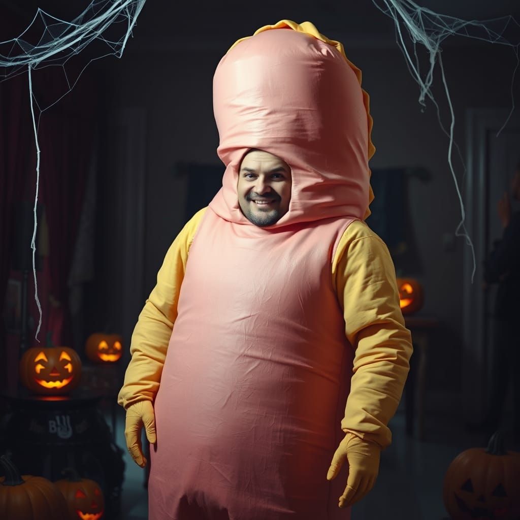 Hyperrealistic Man in Sausage Costume at Halloween Party