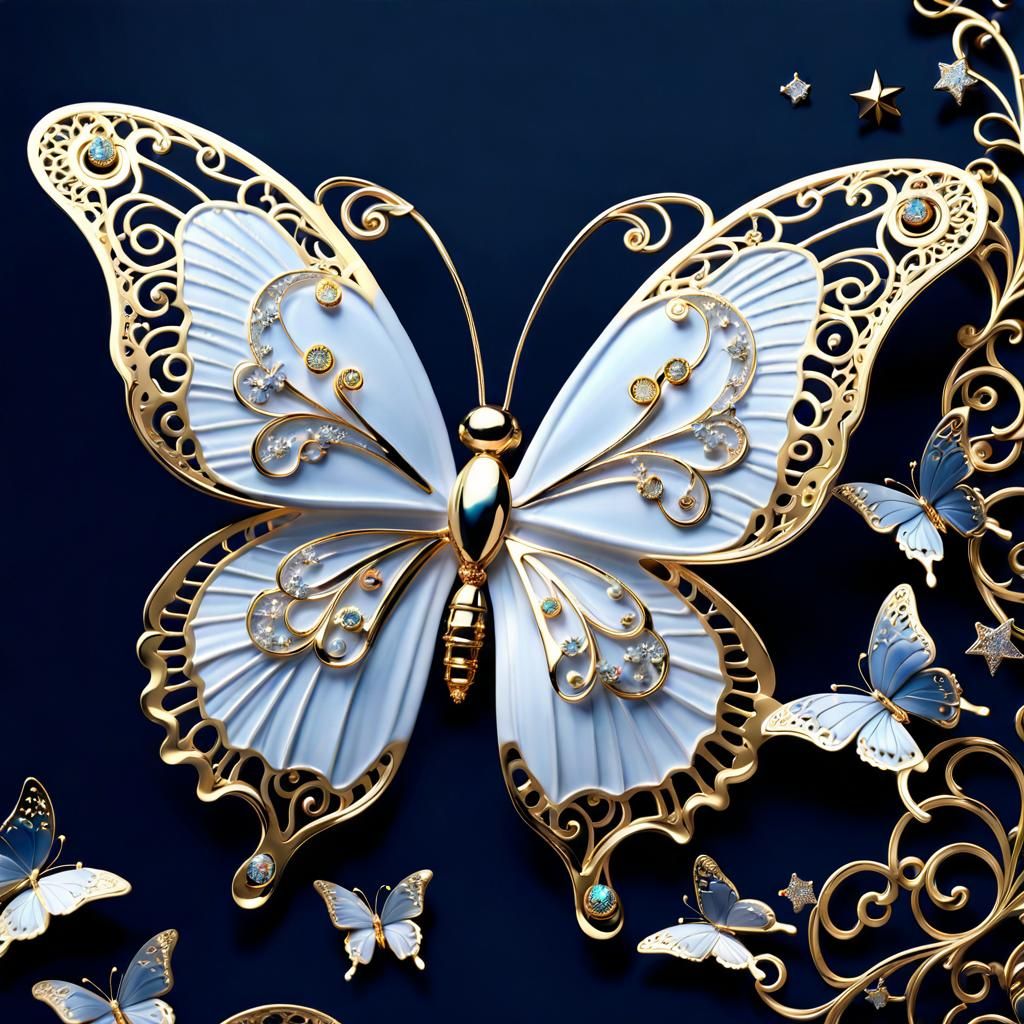Jeweled Porcelain Butterfly Over Starry Sky