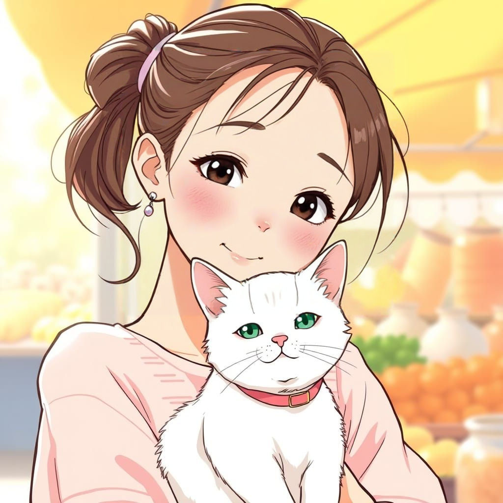 Anime-Style Girl with Loyal Feline Companion