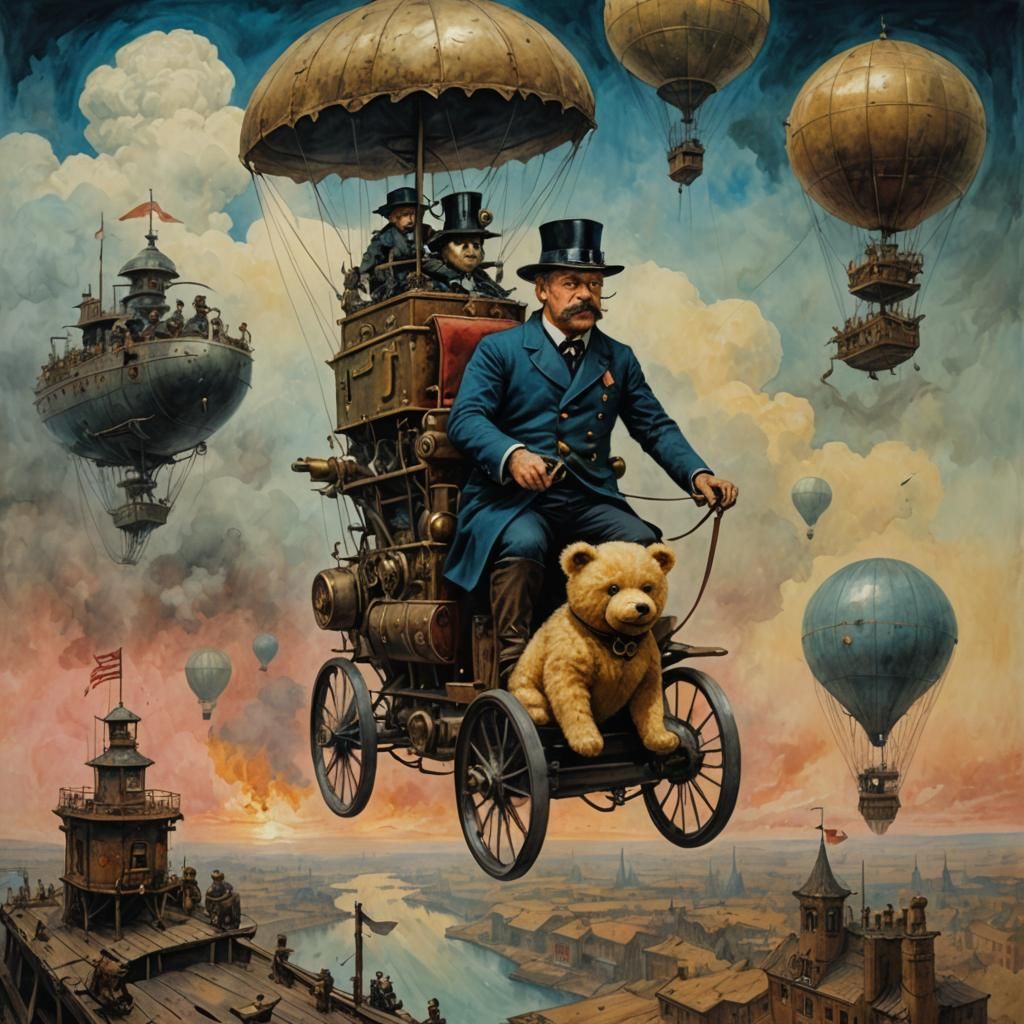 Teddy Roosevelt on Steampunk Airship in Gouache Style