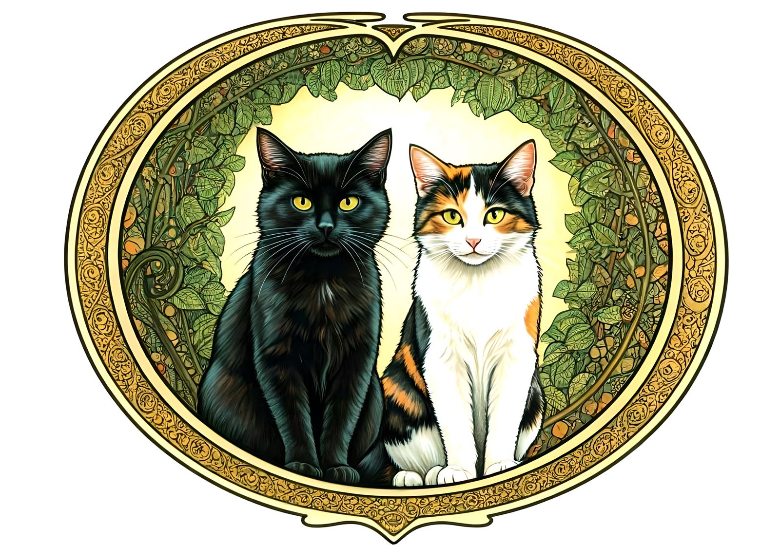 Surreal Cats in Art Nouveau Watercolor Illustration