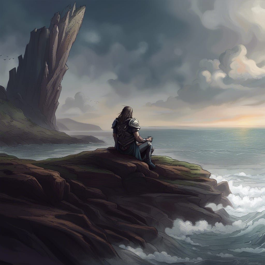 Contemplative Figure by Coastline in Metal Fantasy