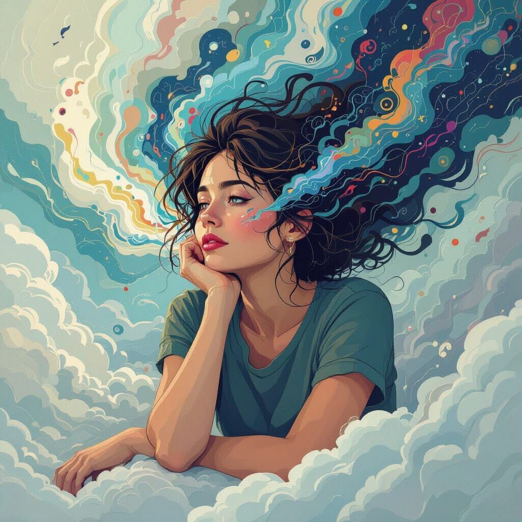 Woman Lost in Thought Amidst Creative Swirls