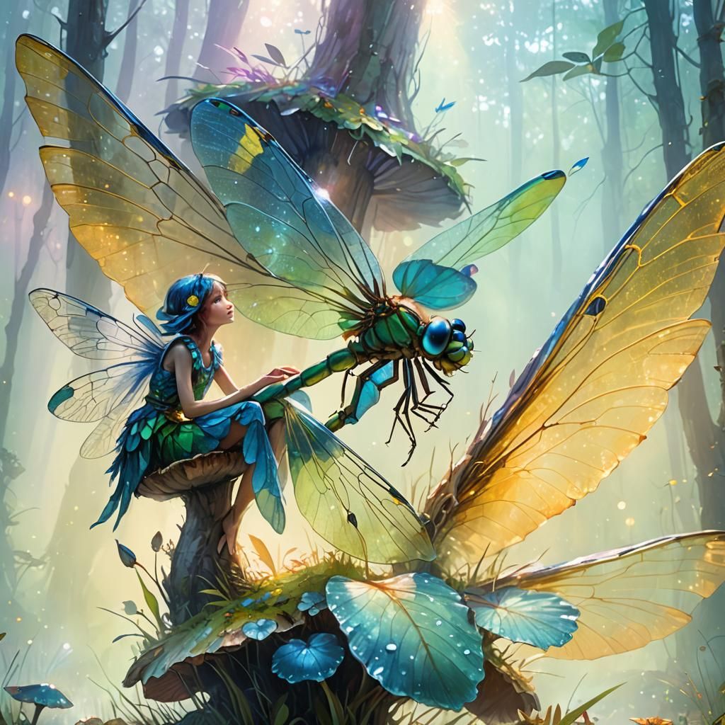 Dragonfly Fairy on Mushroom, Oil Painting