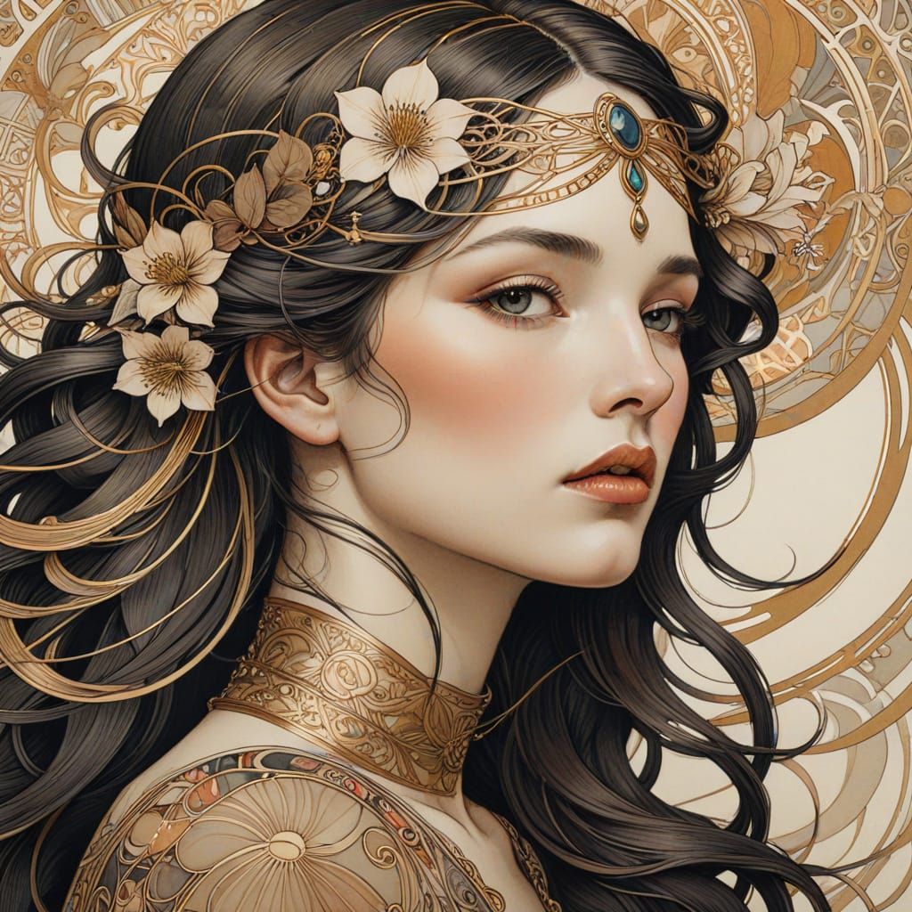 Elegant Art Nouveau Portrait of a Woman in Intricate Ink Dra...