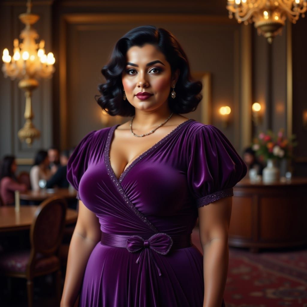 Elegant Woman in 1940s Purple Velvet Dress