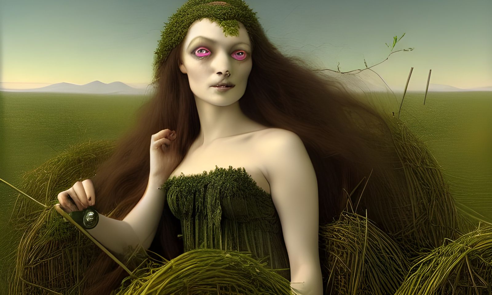 Beautiful Sorceress Relaxing in Hay, Hyperrealistic Style