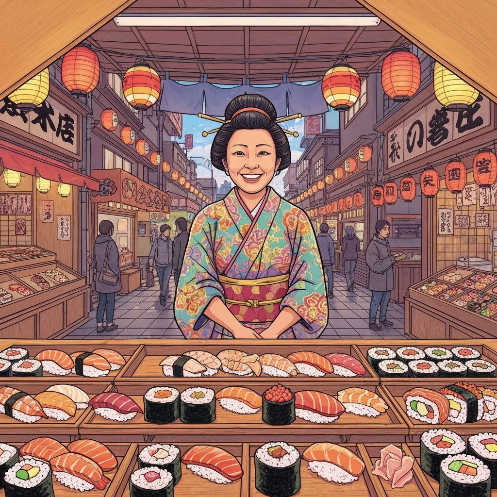 Vibrant Sushi Vendor in Japanese Market, Digital Art