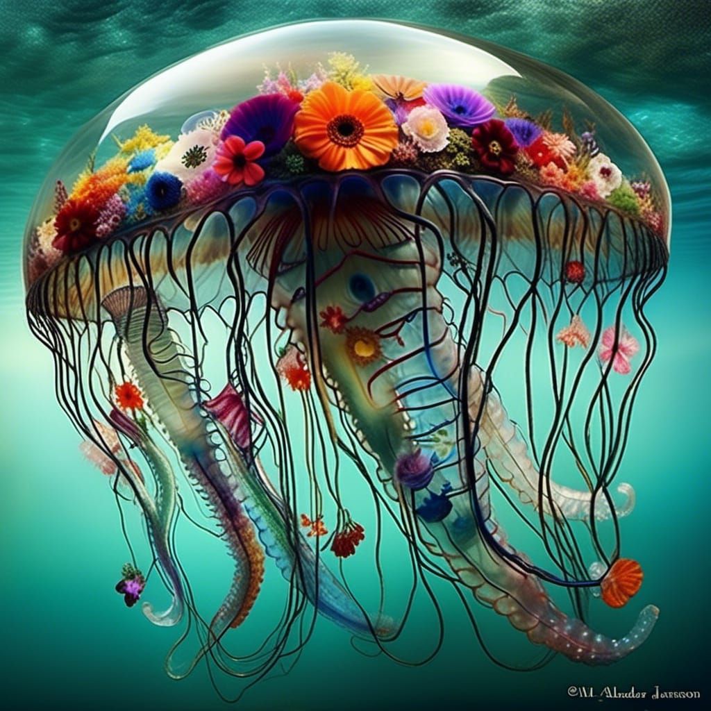 Glass Jellyfish with Flowery Insides in Surreal Underwater S...