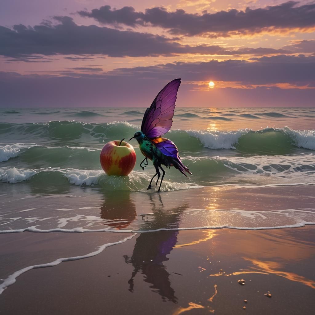 Apple Walking on Shore in Hyperrealistic Style