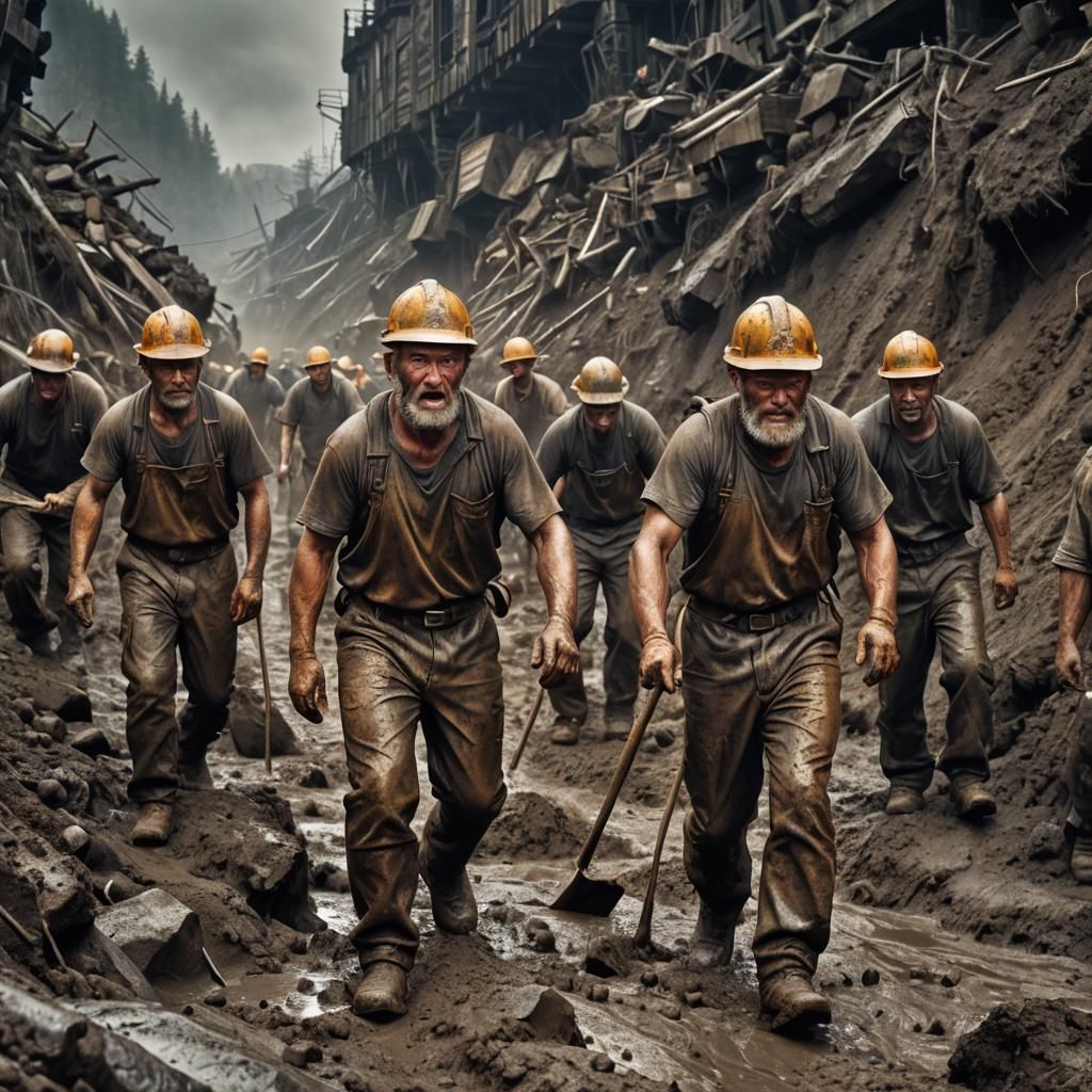 Hyperrealistic Miners of Muddtown in Cinematic Lighting