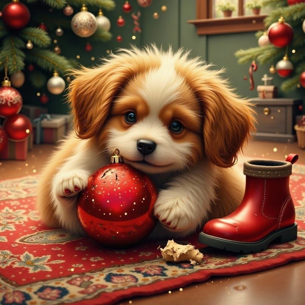 Scruffy Puppy Plays with Christmas Bauble in Cozy Light