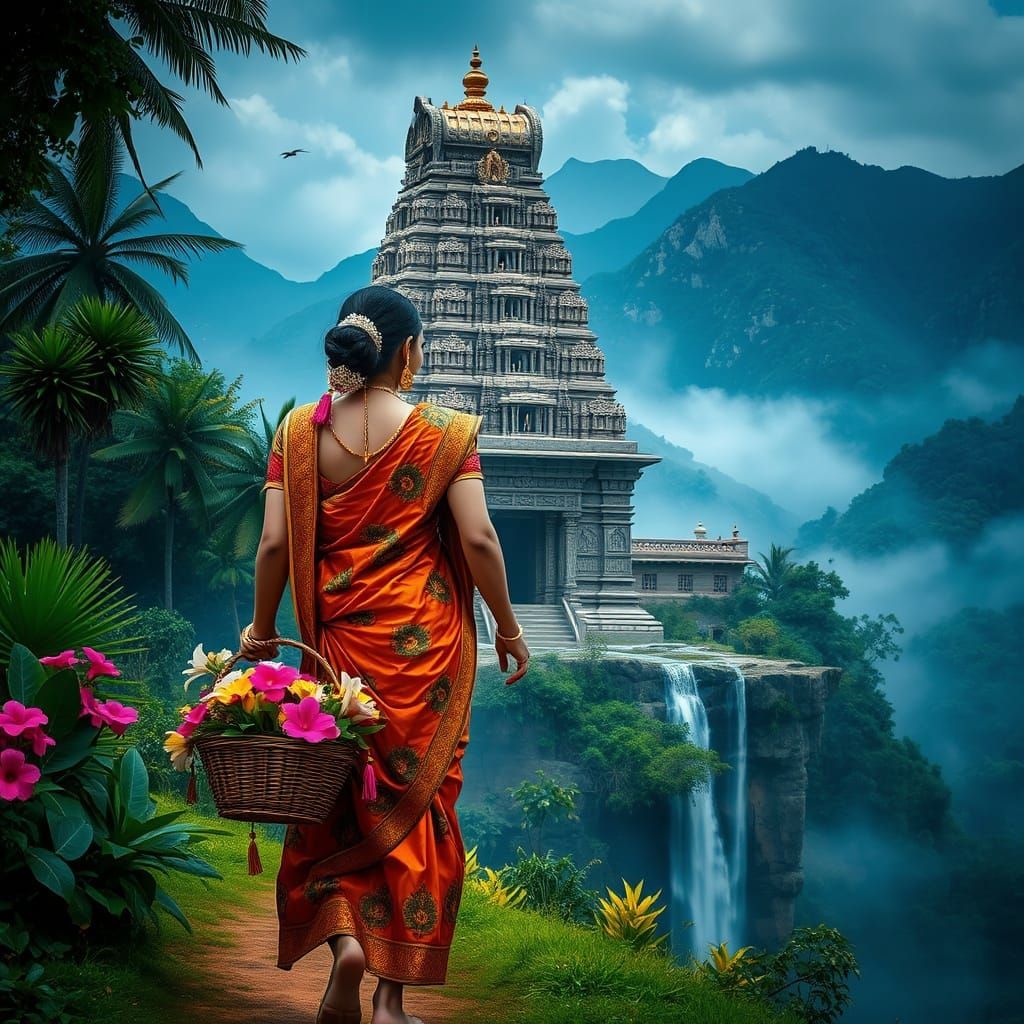 Surreal Indian Goddess Approaches Murugan Temple with Floral...