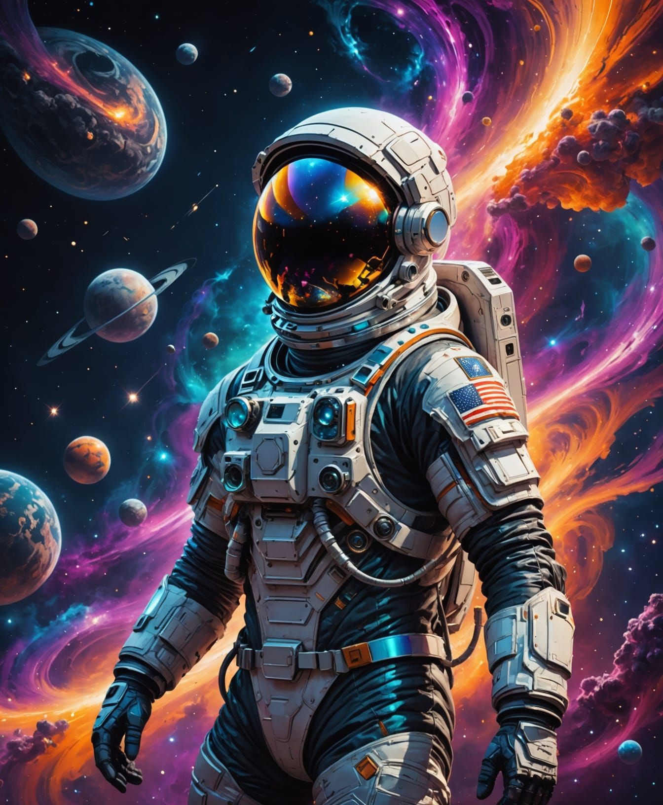 Astronaut in Retro-Futuristic Suit Amidst Cosmic Dust