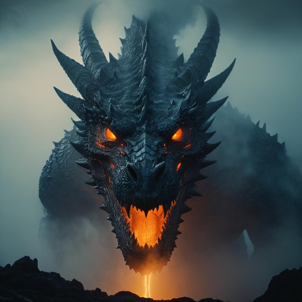 A cinematic movie still of an epic giant dragon head with th...