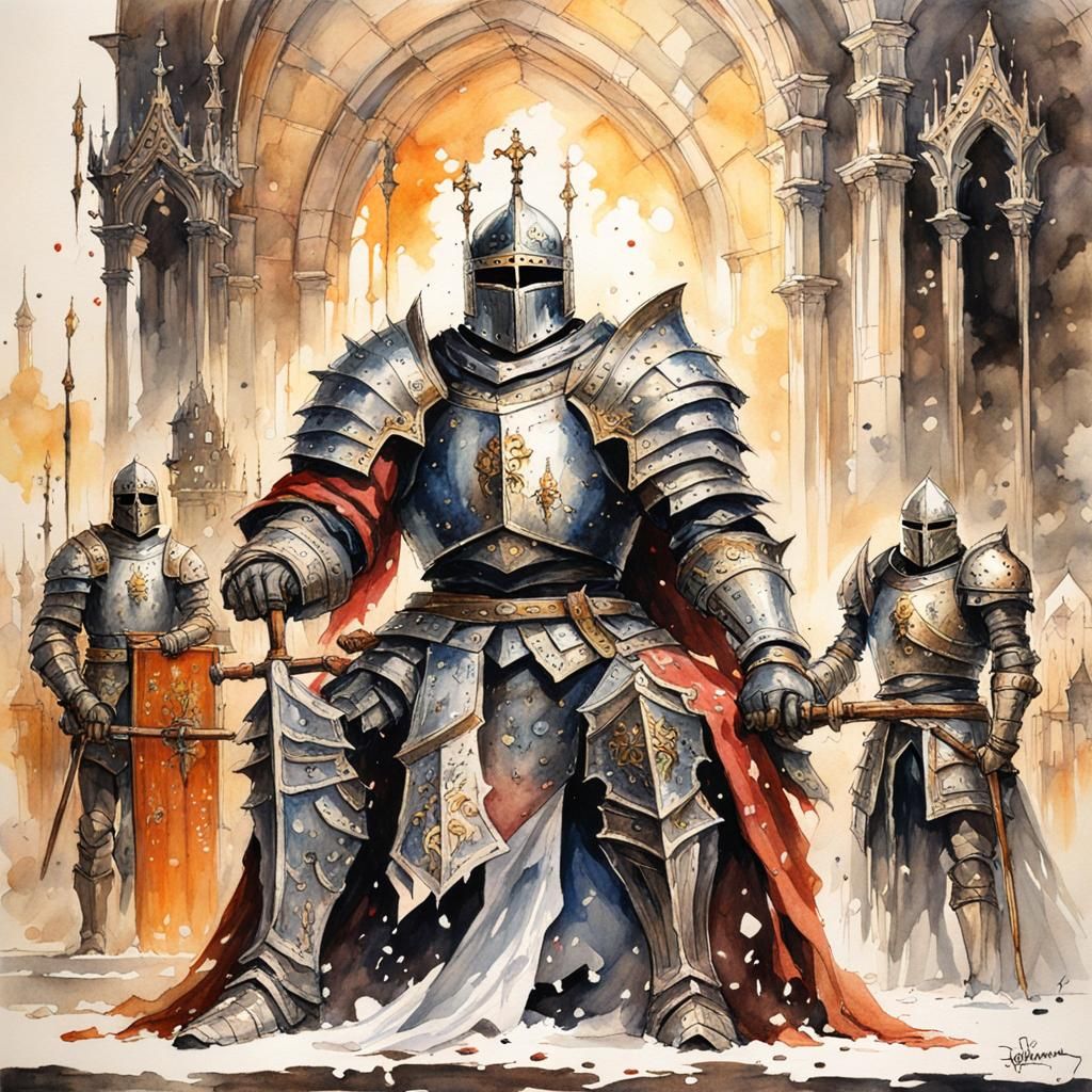 Gothic Knight in Paper Armor, Watercolor Painting