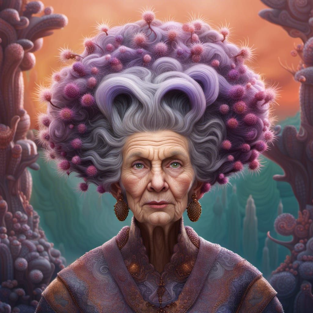 Elderly Woman's Cactus Hairstyle: Detailed Matte Painting