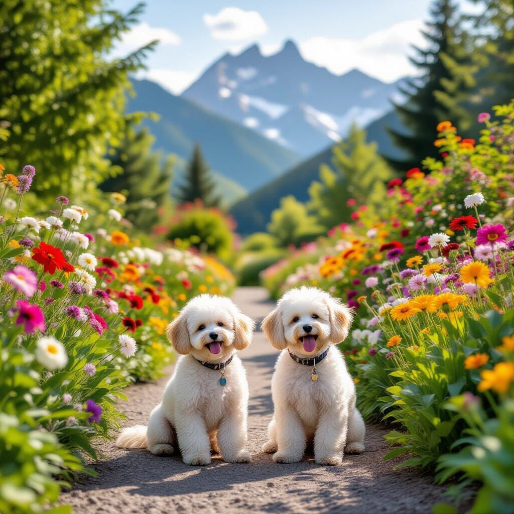Vibrant Flower Garden with Happy Dogs