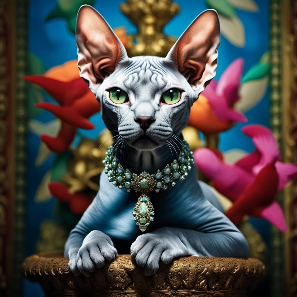 Blue Tabby Sphynx Cat on Throne Portrait