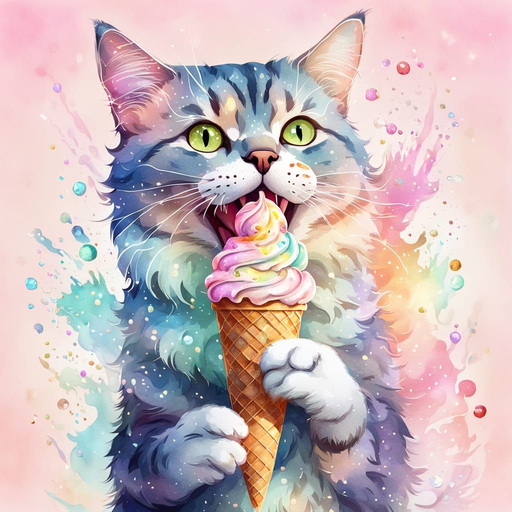Handsome Cat Enjoys Ice Cream: Whimsical Digital Art