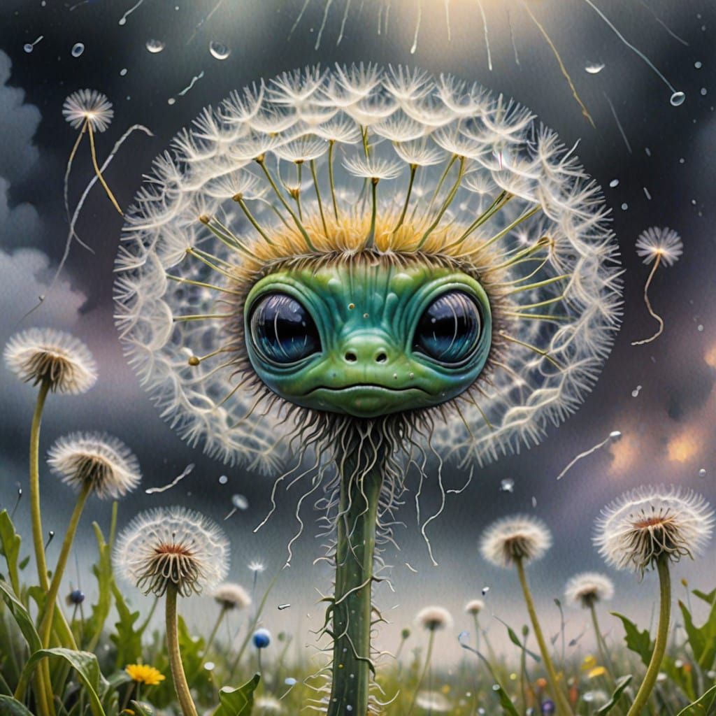 Whimsical Alien Holds On to Dandelion Seed in Stormy Weather