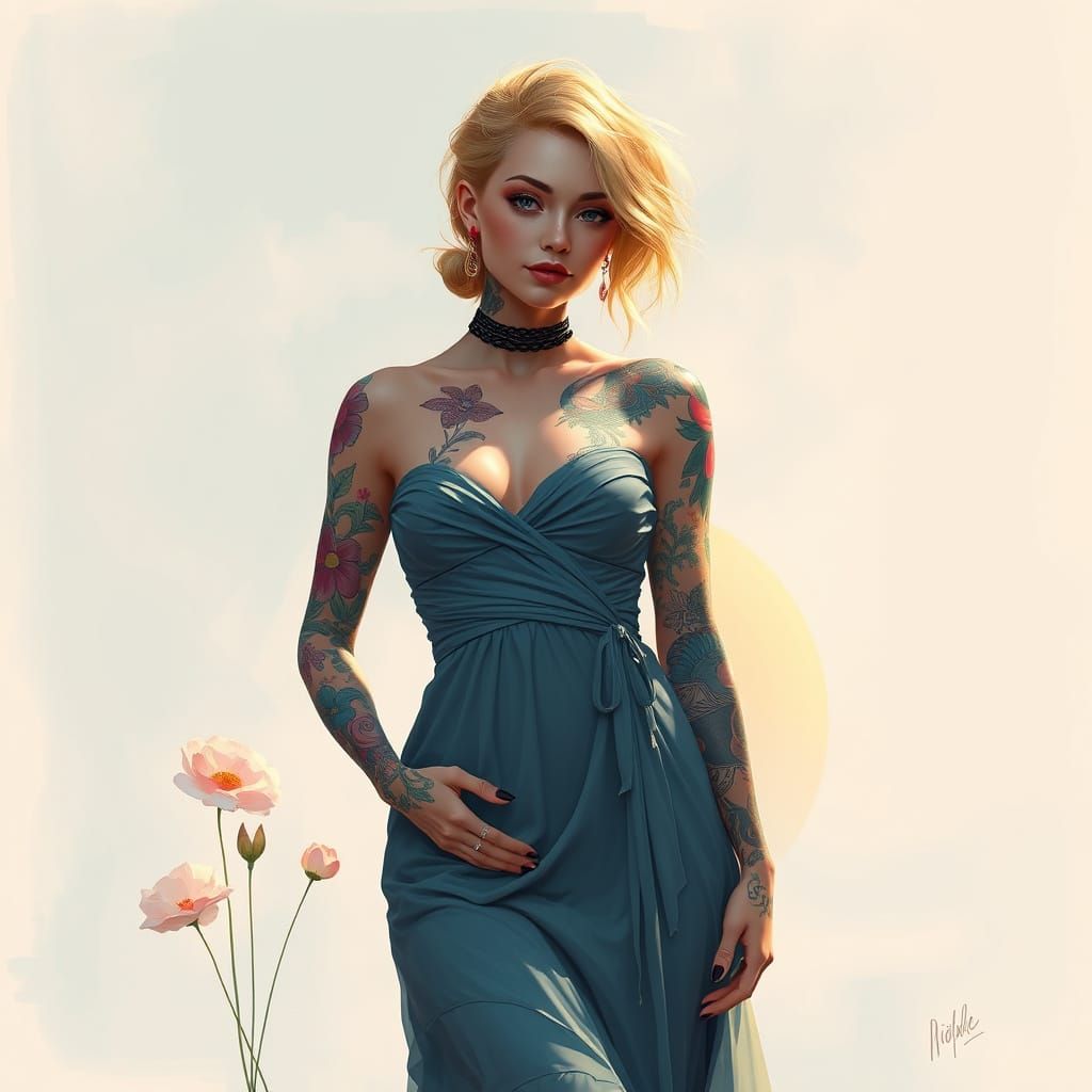 Tattooed Woman in Elegant Dress, Digital Painting