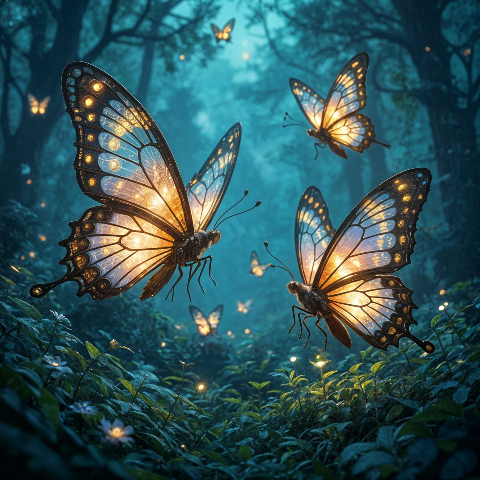 Mechanical Butterflies in Bioluminescent Forest