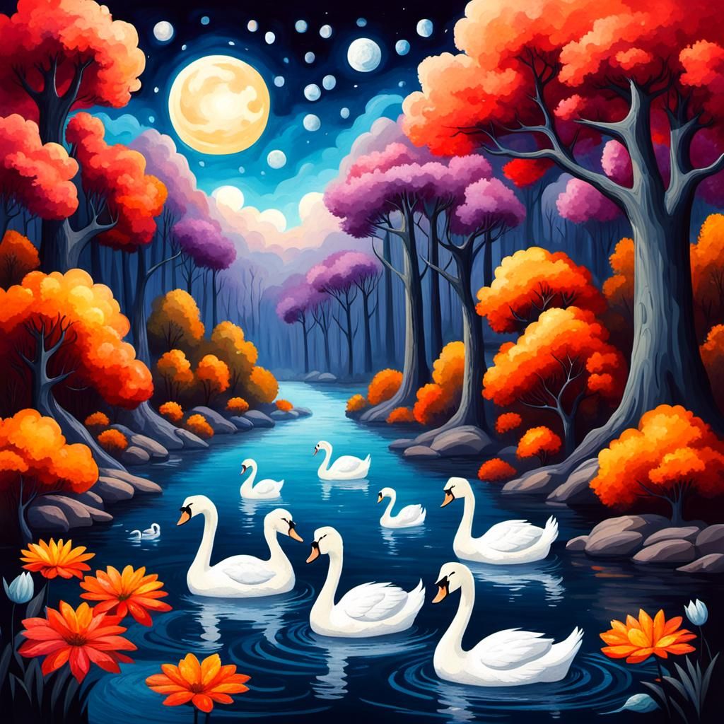 Seven Swans Gracefully Swimming in a Serene Landscape in Wat...