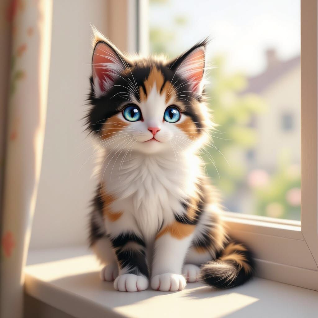 Fluffy Calico Kitten on Sunny Windowsill - 3D Anime Art