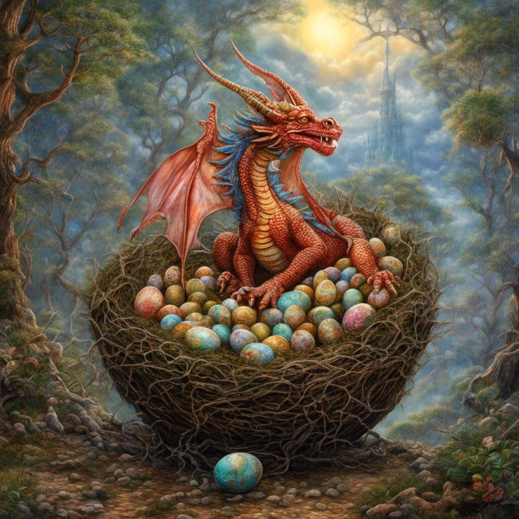 Dragon Guarding Eggs in Hyperrealistic Fantasy Nest