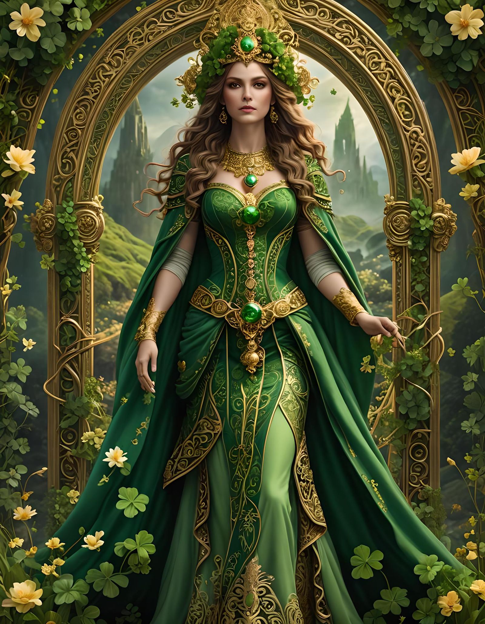 Ethereal St Patrick's Day Goddess in Greens and Gold