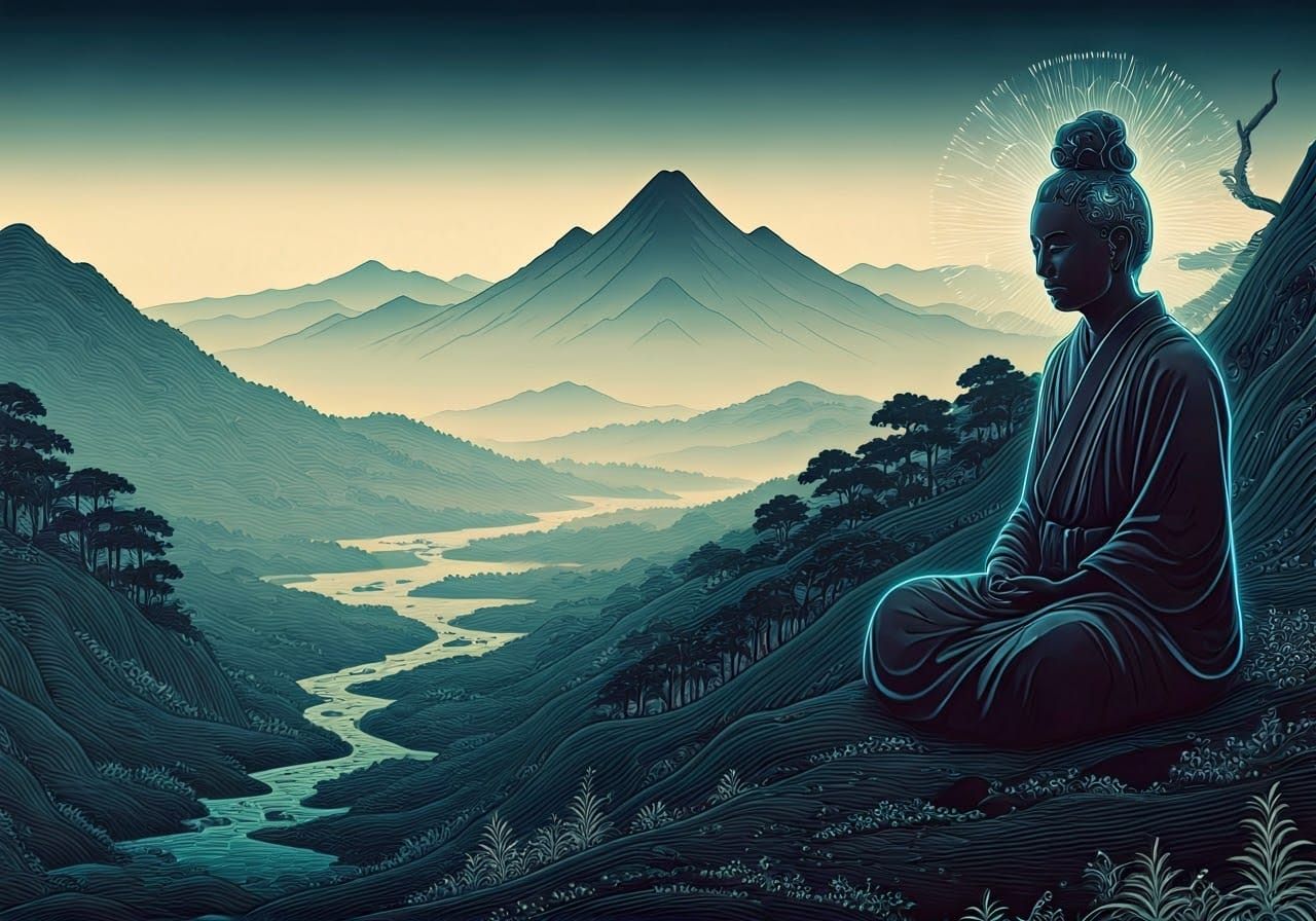 Meditating Figure in Ukiyo-e Mountainscape