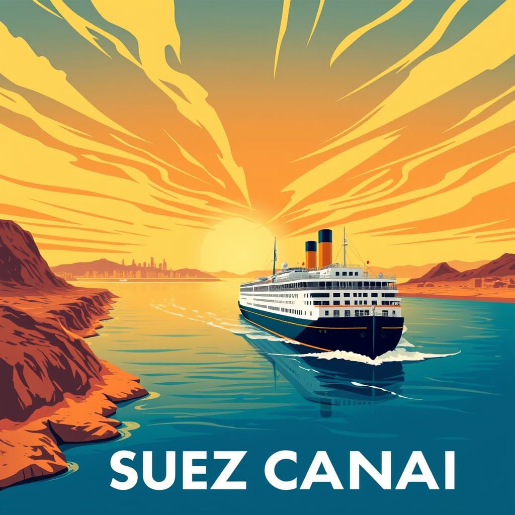 Vintage Suez Canal Travel Poster in 1940s Art Deco Style