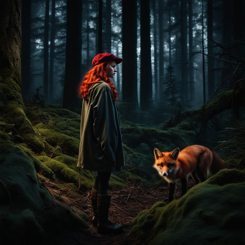 Redhead Watched by Fox in Dark Forest: Hyperrealistic HDR