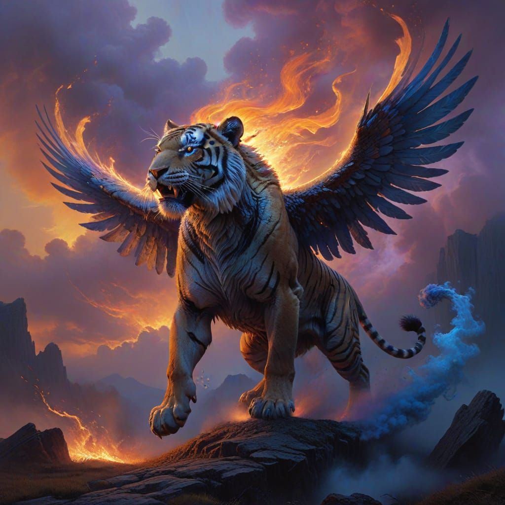 Majestic Tiger Soars Through the Air in a Vibrant, Dreamlike...