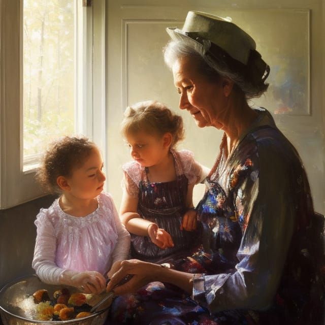 Four Generations Baking: An Oil Painting