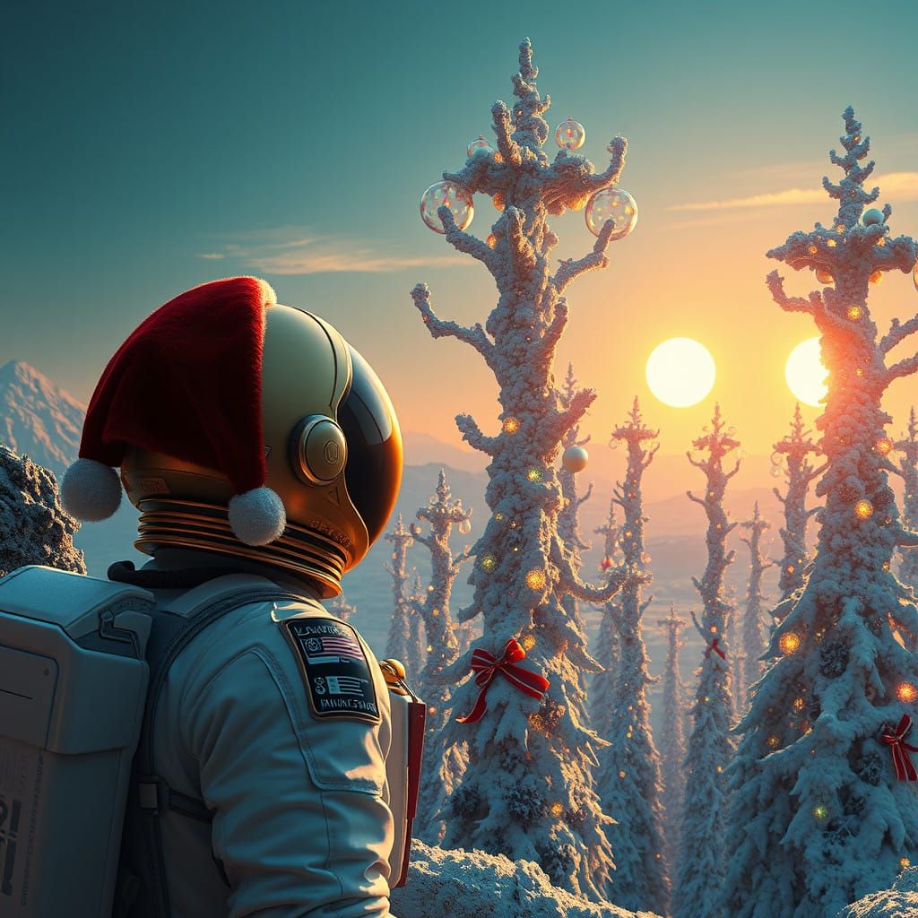 Astronaut Celebrates Christmas on a Futuristic Alien Planet