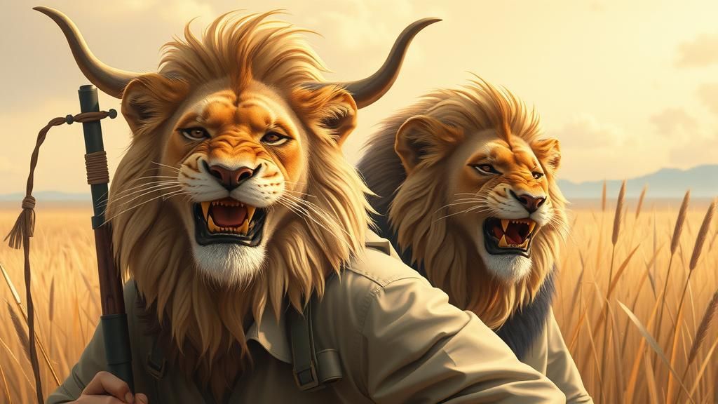 Unsuspecting Hunter with Lion in Illustration
