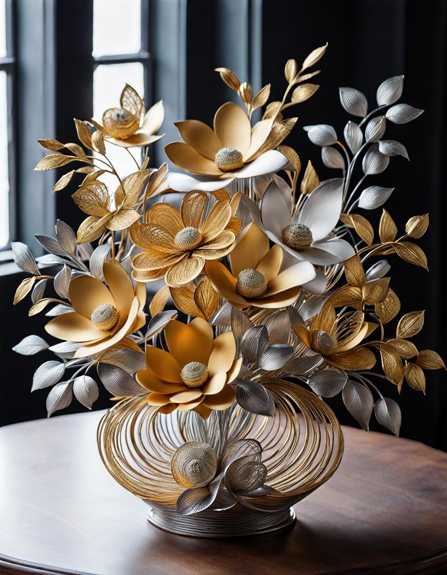 Intricate Metal Flower Bouquet, Filigree Line Art