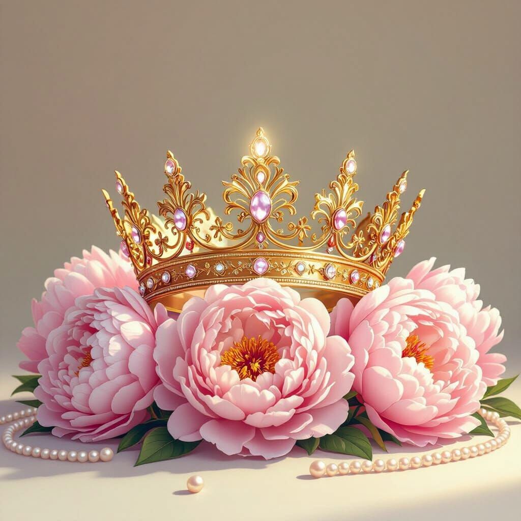 Golden Crown on Pink Peonies with Pearls