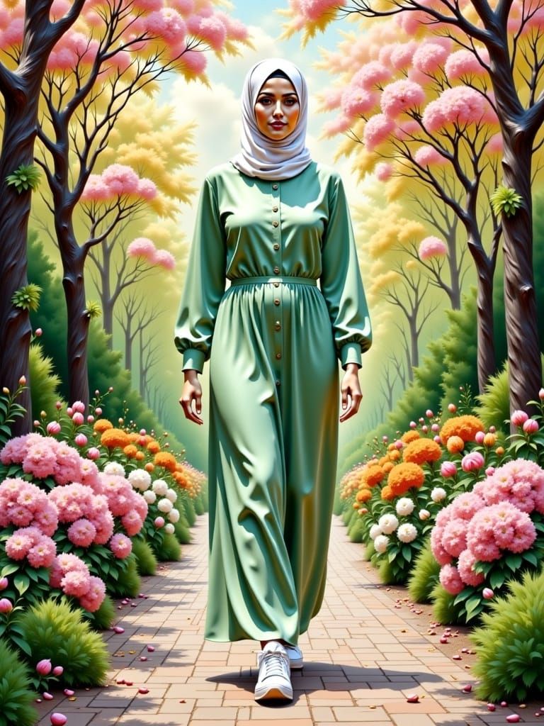 Hijabi Woman in Floral Forest, Art Nouveau Style