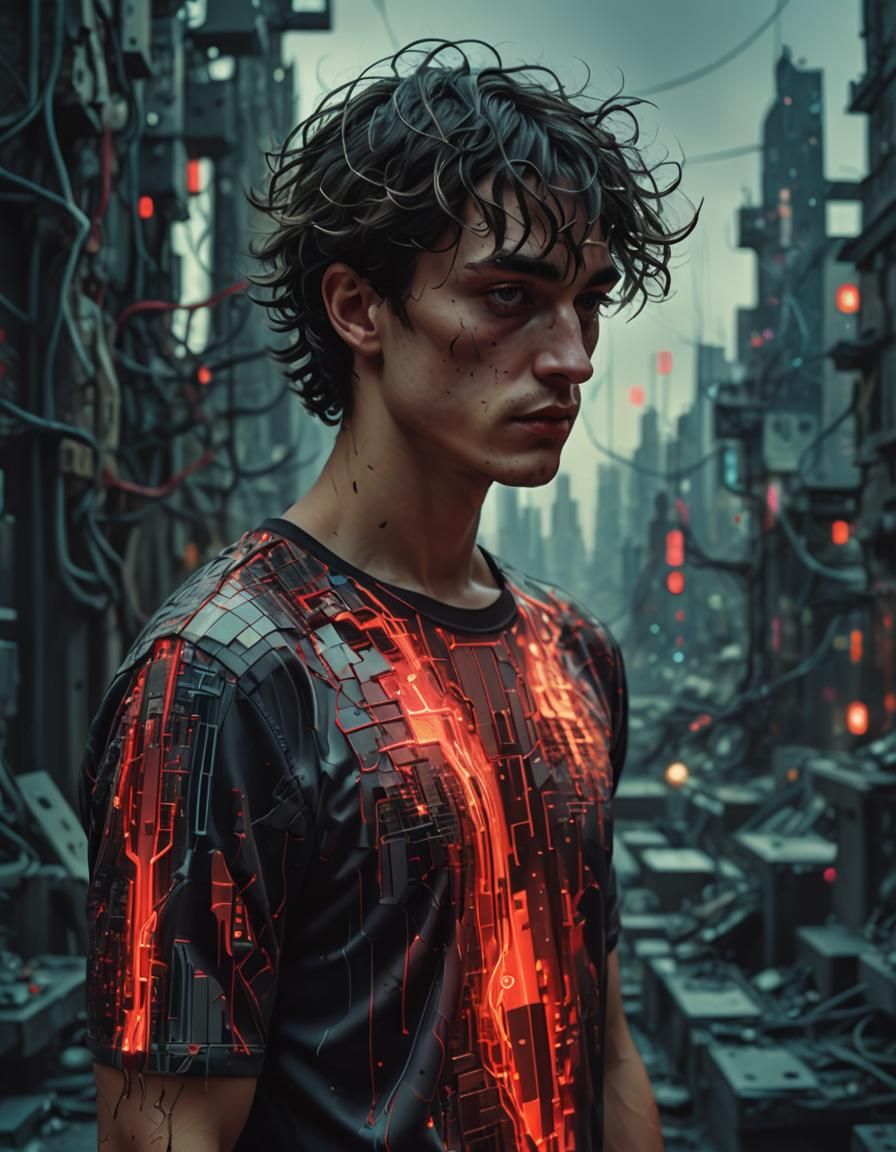 Neofuturistic Man in a Glitched Landscape