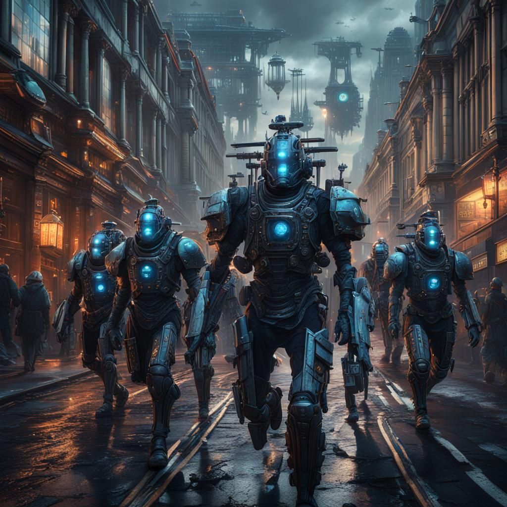 Cyborgs Marching Through London: Detailed Matte Painting