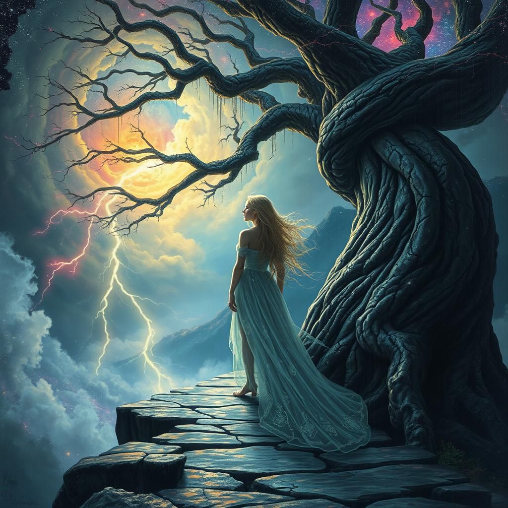 Ethereal Woman on Cosmic Pathway in Dreamscape