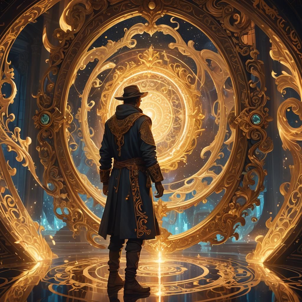 Mystical Traveler Before a Magic Mirror