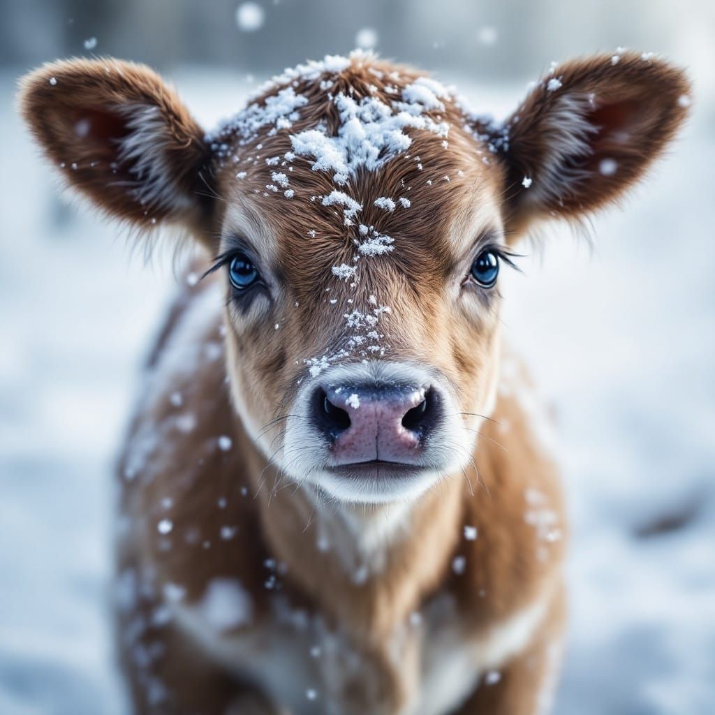 Winter Baby Calf Portrait in the Snow