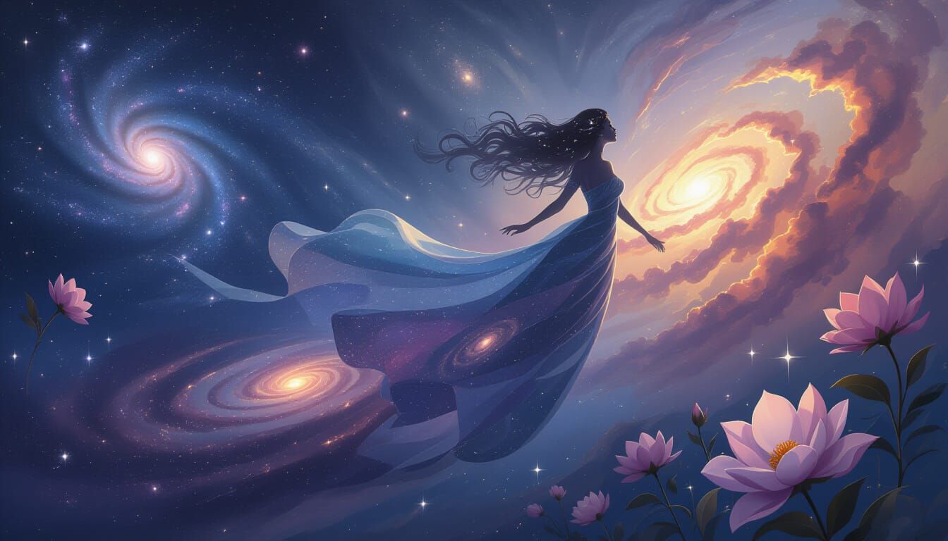Ethereal Woman Amidst Cosmic Nebulae