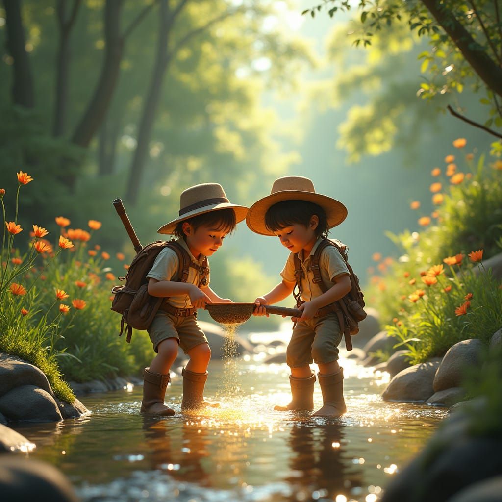 Whimsical Disney-Inspired Scene of Kids Searching for Gold i...