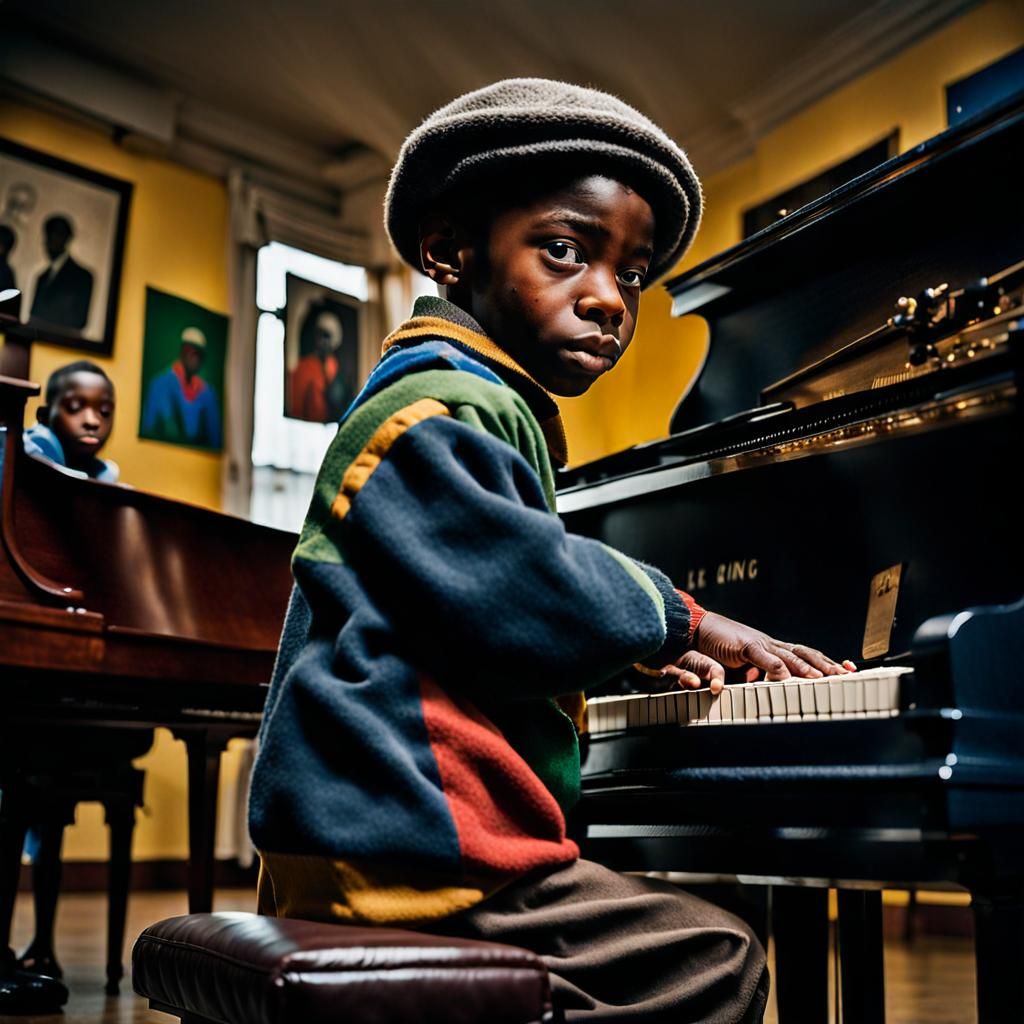 Young Boy at Piano in Triadic Color Palette