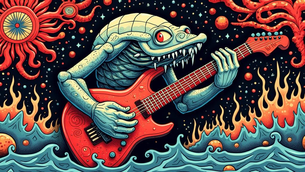 Psychedelic Rock Guitar Poster in 1970s Style